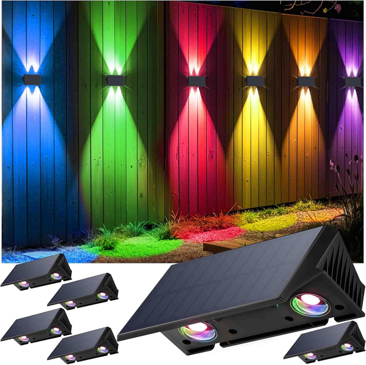 Fence Lights Solar Powered, Multicolor Modes Solar Fence Lights Outdoor IP67 Waterproof, up and down Solar Wall Lights Sconce Dusk to Dawn for Patio, House, Garage, Porch, Garden, Festival (6 Pack)