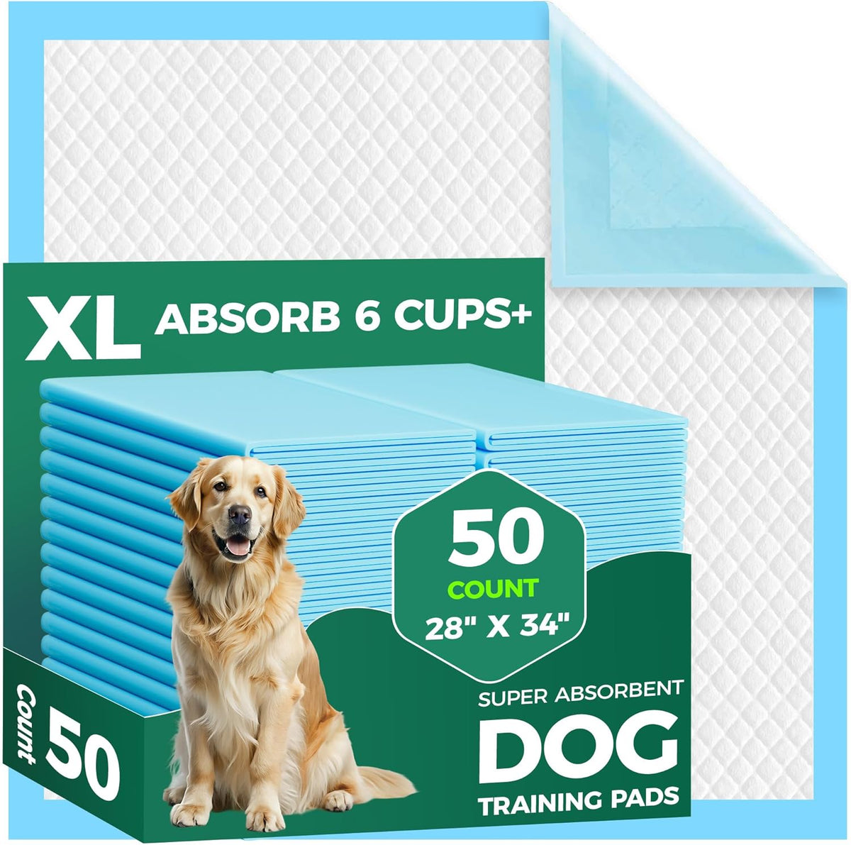 50 Count Dog Pee Pads Extra Large- 28" X 34", Super Absorbent Leak-Proof XL Puppy Pads 50 Pack Quick-Dry Xlarge Disposable Pet Potty Training Pads for Dogs, Puppies, Doggie