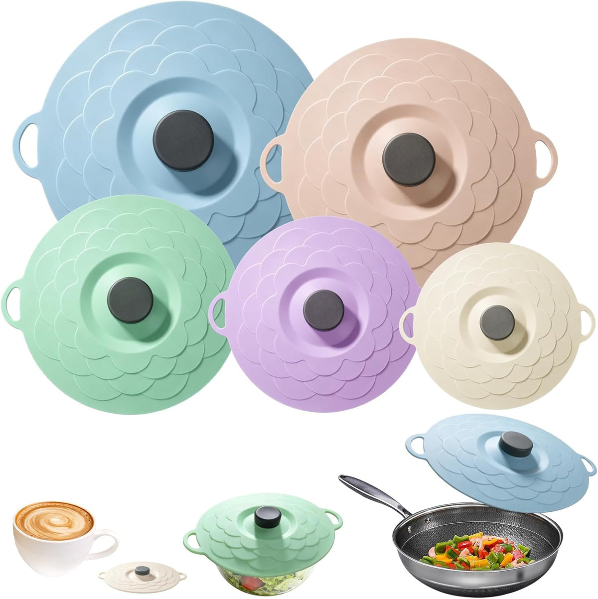 Silicone Seal Lids 5 Pack, Reusable Bowl Covers for Food, Microwave Safe