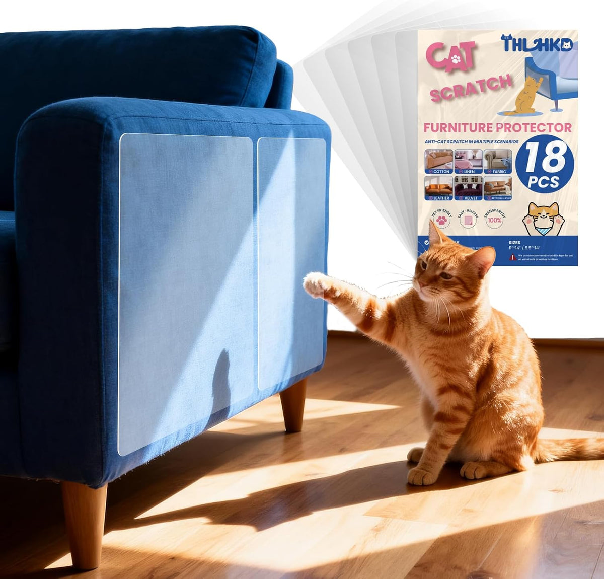 THLHKD Cat Scratch Furniture Protector, 18PCS Single Sided Couch Protectors Tape from Cats Claws Scratching, Thicken Clear Sheets Proof Clawing Sofa Corner Protection Cover anti Scratch for Furniture