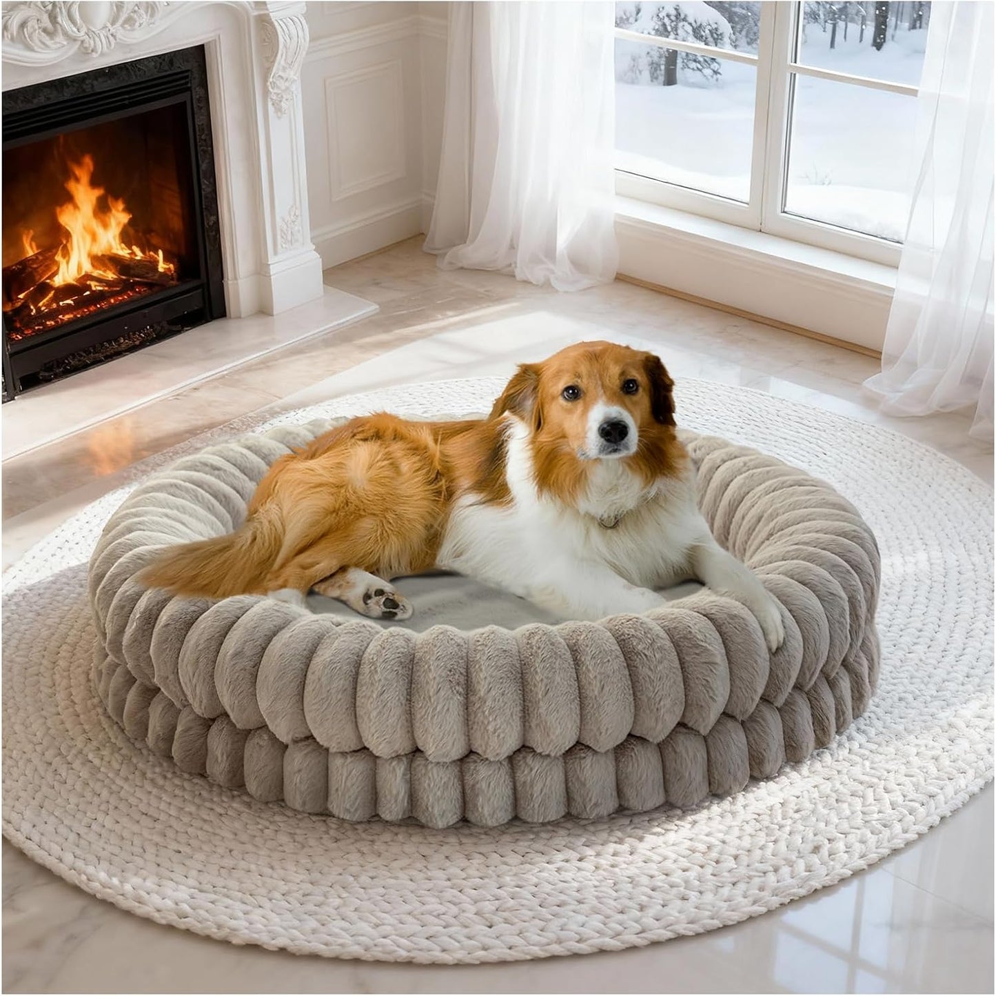 BALANCE Luxury Donut Dog Bed, 36 Inches round Dog Beds Large Sized Dogs Washable, Orthopedic Calming Dogs Bed for Pets with Anti-Slip Bottom, Oatmeal