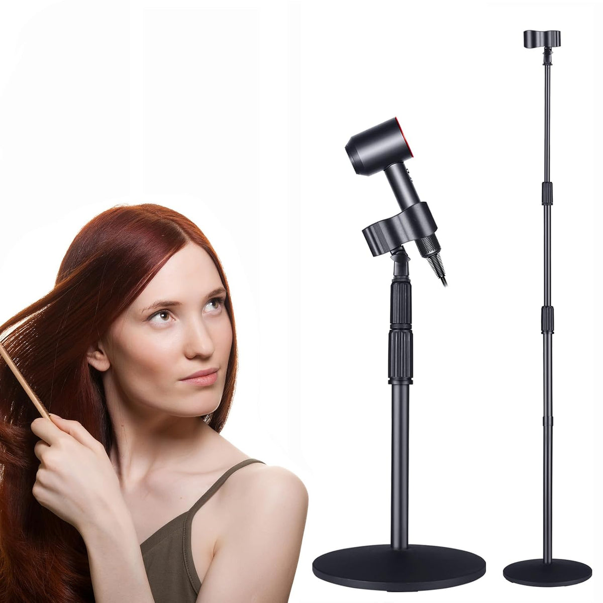 Hair Dryer Holder Hands Free 59In/150Cm Height Adjustable Blower Stand with Upgraded Larger Clamp, 180 Degrees Rotatable Heavy Duty Blow Dryer Floor Stand Countertop Holder