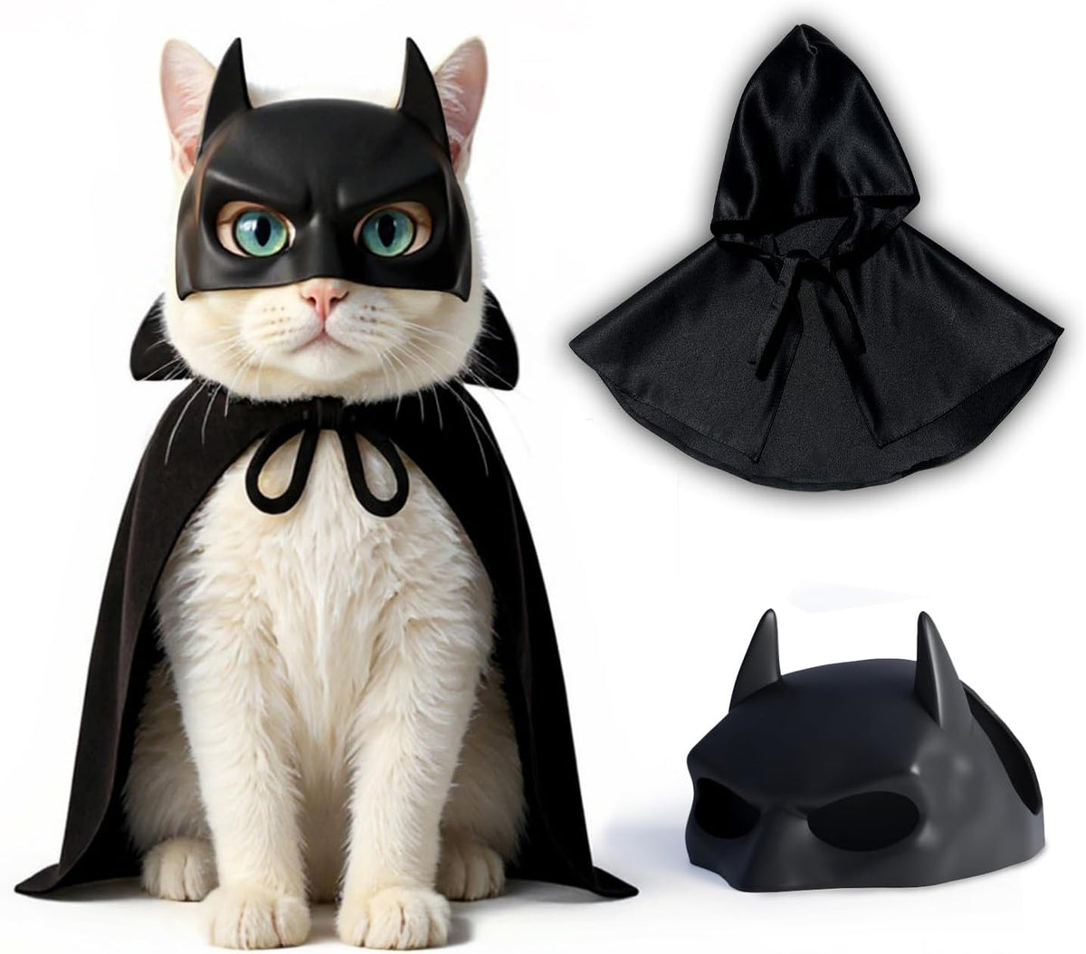 Black Bat Cat Mask and Cloak Costume for Indoor Cats, Funny Superhero Pet Outfit for Christmas, Cosplay, Parties and Photoshoots, Hooded Cape for Cats Big Size
