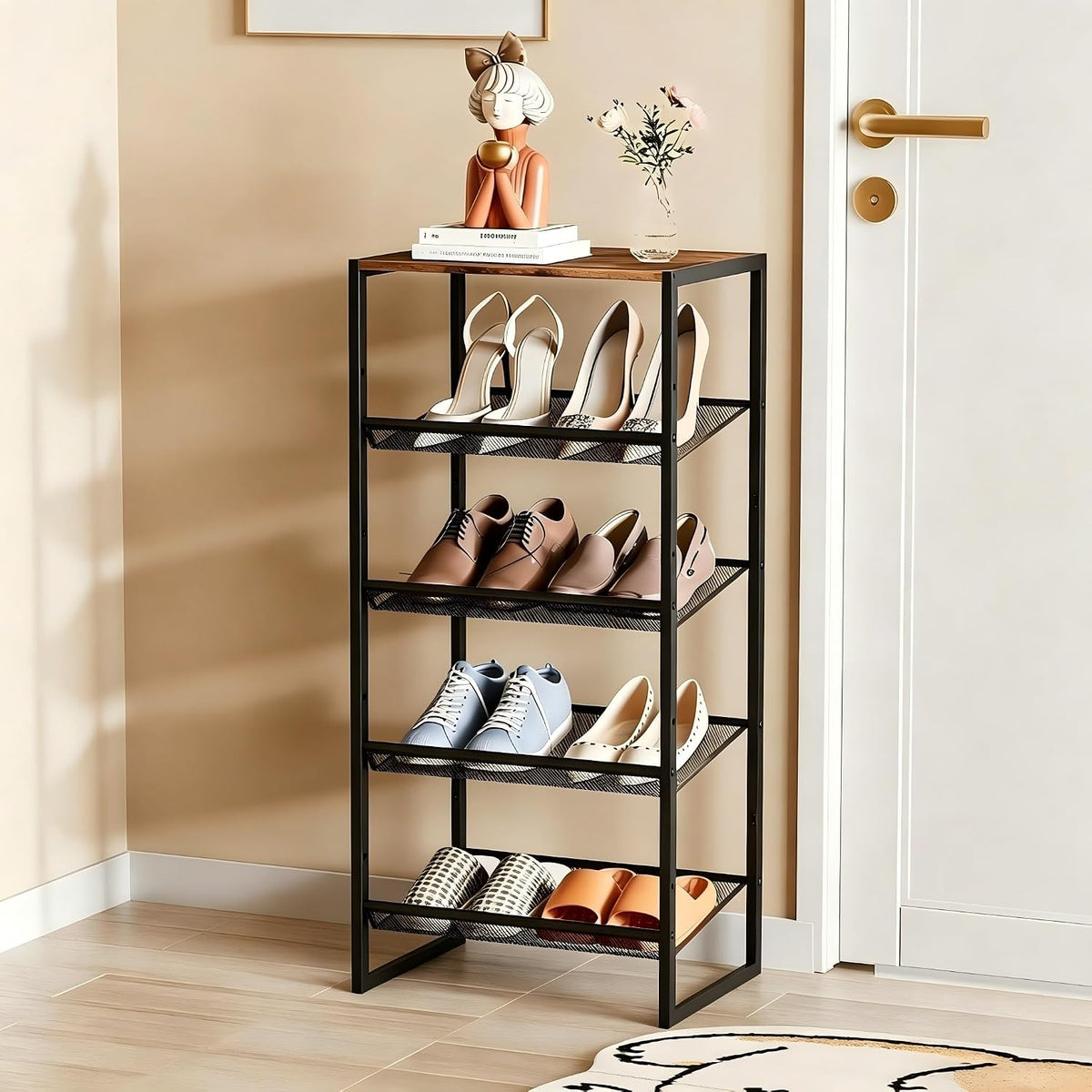 Garden 4 You Shoe Rack for Closet Narrow 5 Tiers, Small Shoe Rack with Brown Wooden Tabletop, Adjustable Metal Shoe Shelf for Closet Entryway Hallway Living Room