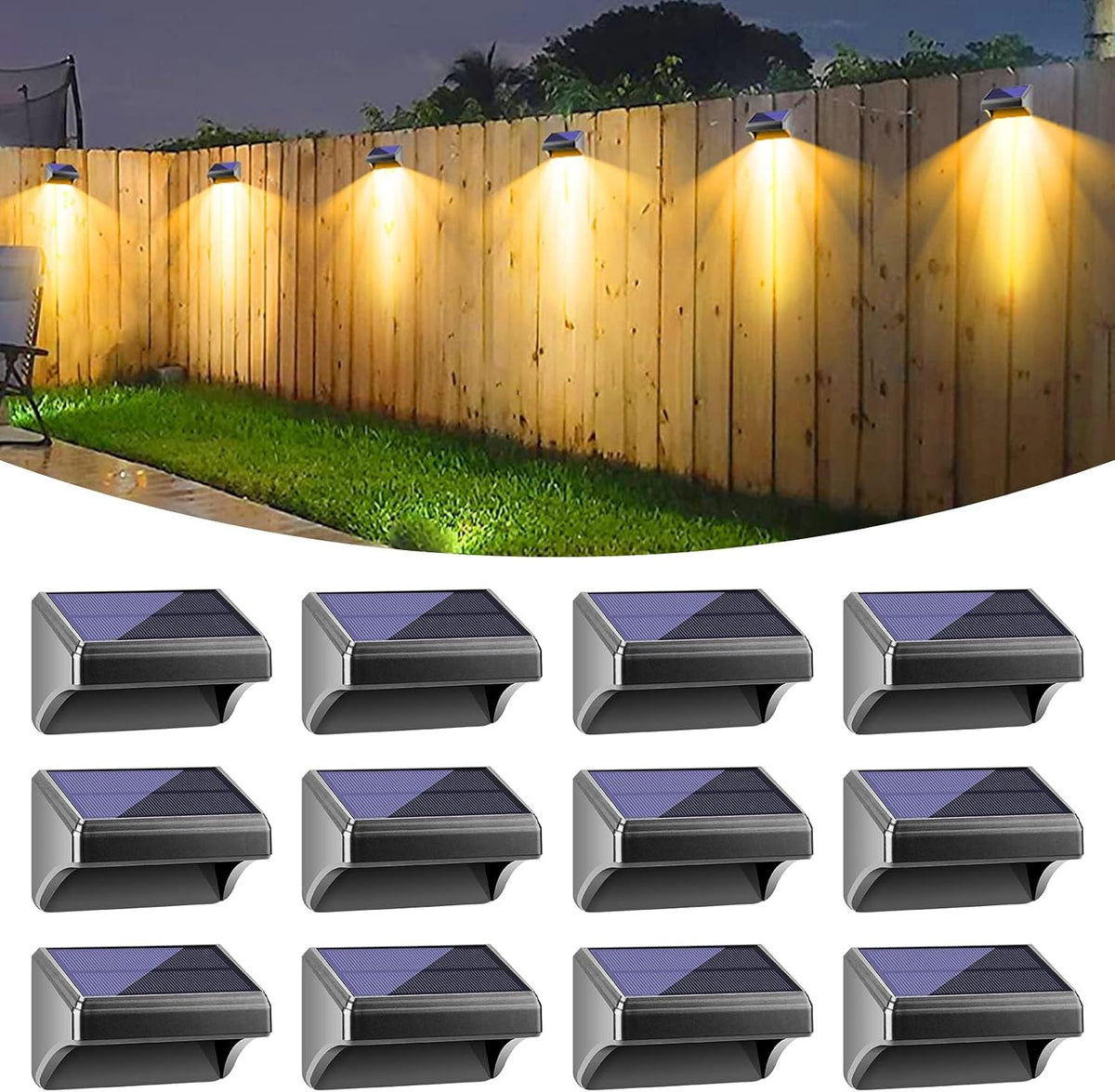 Bridika Solar Fence Lights, Fence Lights Fence Solar Lights Outdoor Waterproof Warm White & Color Glow LED Solar Lights for Backyard, Patio, Deck Railing, Stair Handrail, Pool and Wall (12 Packs)