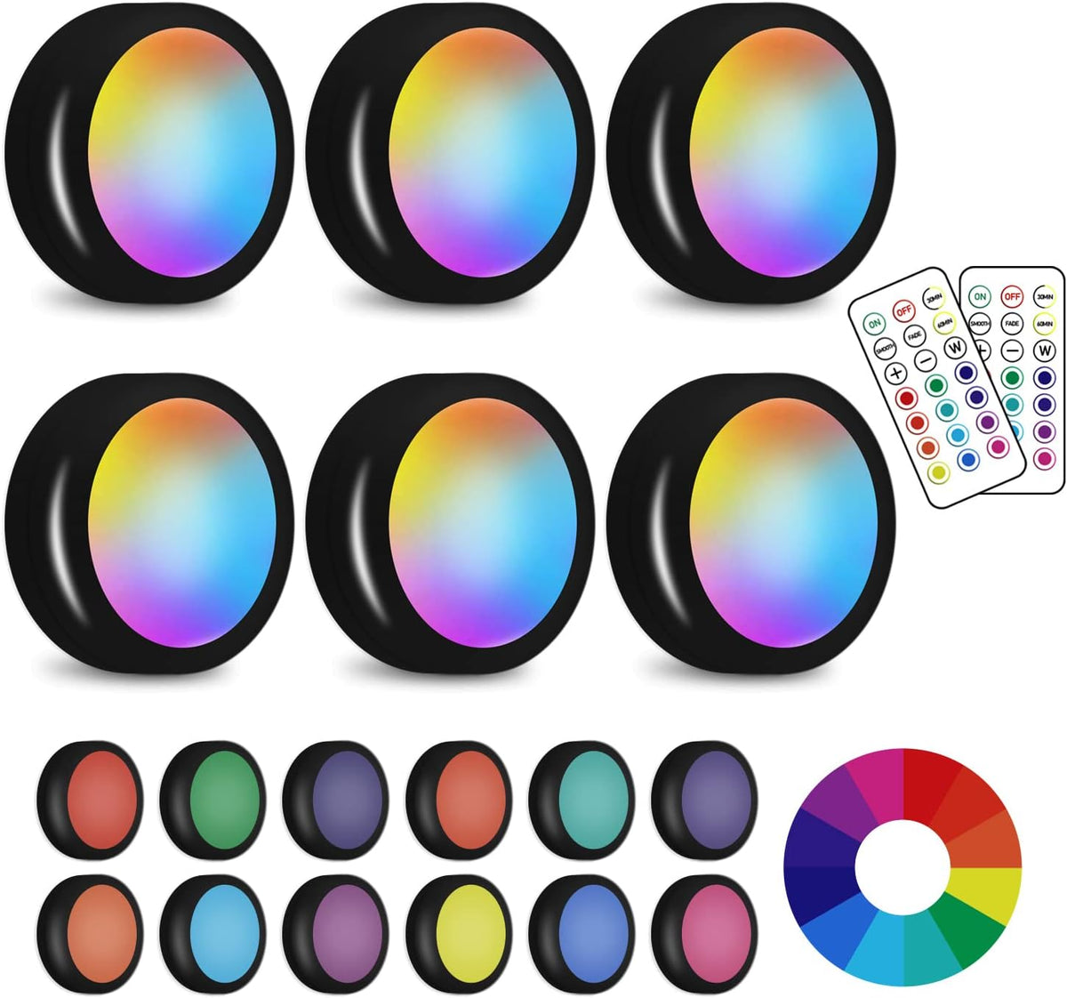 LED Puck Lights with Wireless Remote, 13 Colors RGB Dimmable under Cabinet, Battery Powered Color Changing, Party Atmosphere for Kitchen Closet Counter, 6 Pack