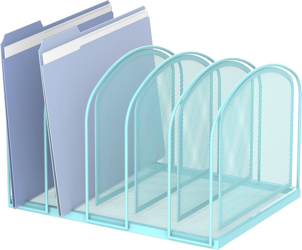 SUPEASY File Organizer 5-Section Mesh Desk Organizer, Upright File Organizer Desktop Organizer File Sorter, File Folder Holder for Office Supplies, Blue