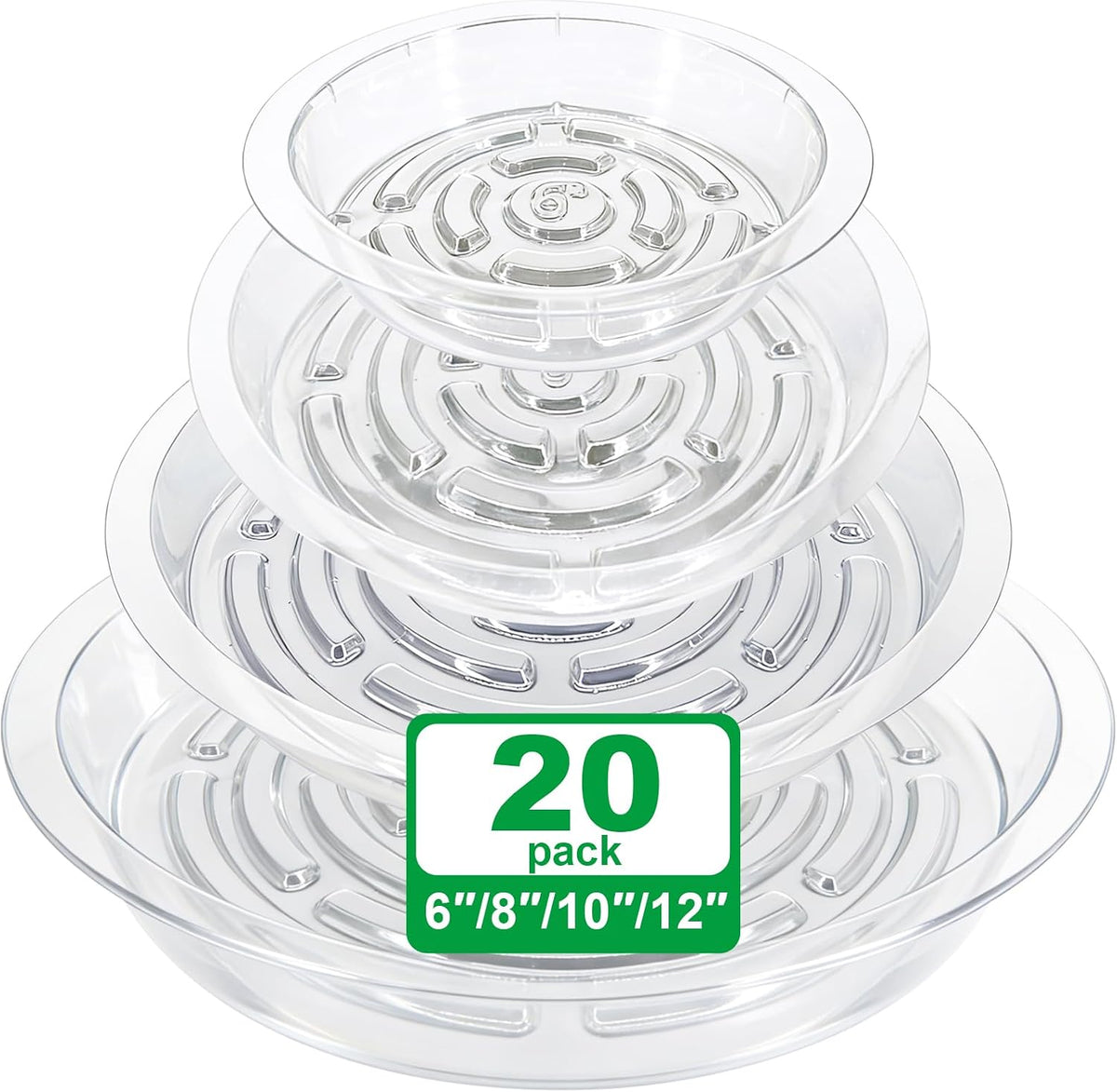 20 Pack Clear Plant Saucers (6/8/10/12 In) – Indoor/Outdoor | Plant Saucer, Plant Trays, Plant Drip Trays, Plant Water Catcher Tray, Plastic Trays for Plants, Flower Pot Saucers.