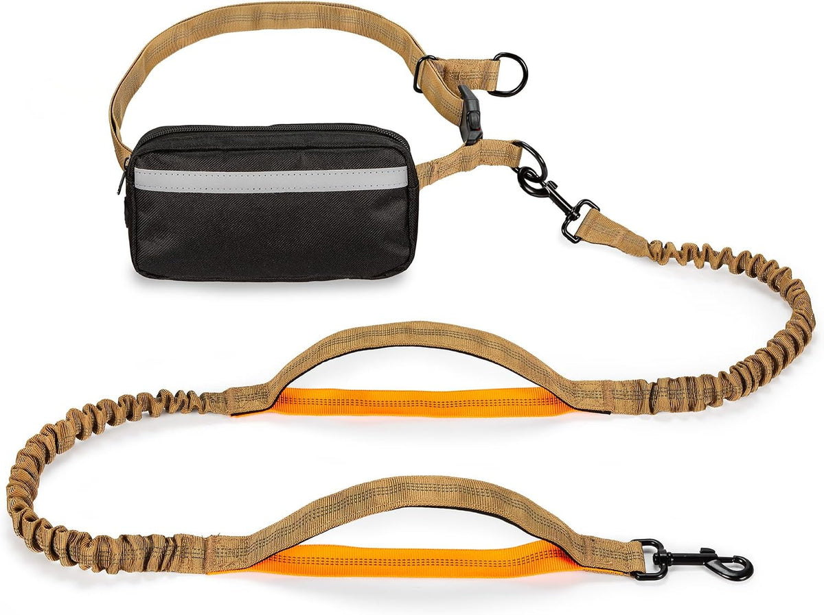 Squirrel Products Hands Free Dog Leash with Hip Belt/Crossbody Strap, Zipper Pouch, and Shock Absorbing Bungee for Walking or Jogging with Pet (Tan, Orange)