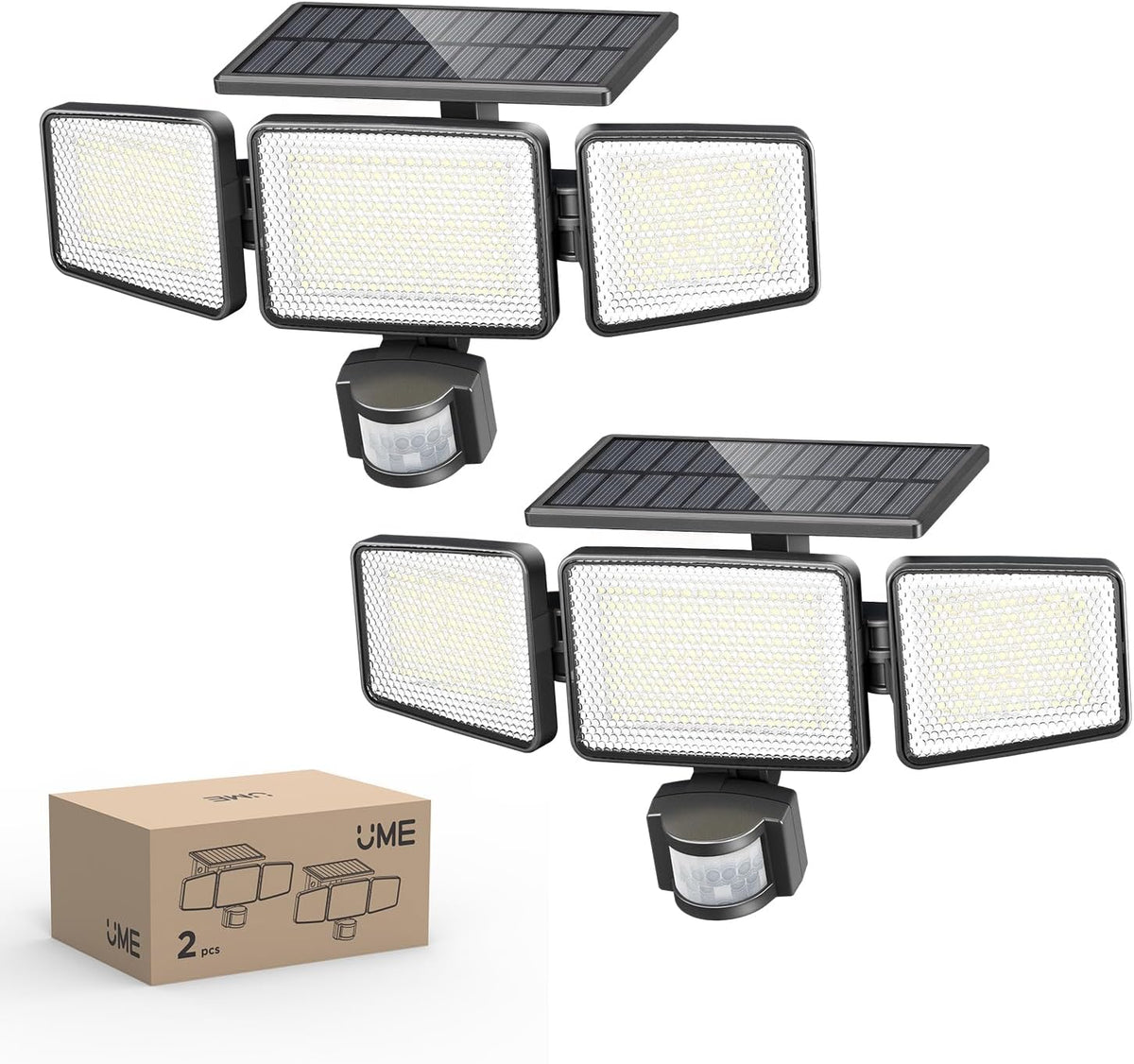 UME Solar Security Light Outdoor Light 302 Leds 2500Lm,Solar-Powered Waterproof Wall-Mounted Flood Light W/Pir Motion Sensor, 3 Heads, IP65 Waterproof, 3 Modes (2 Pack)