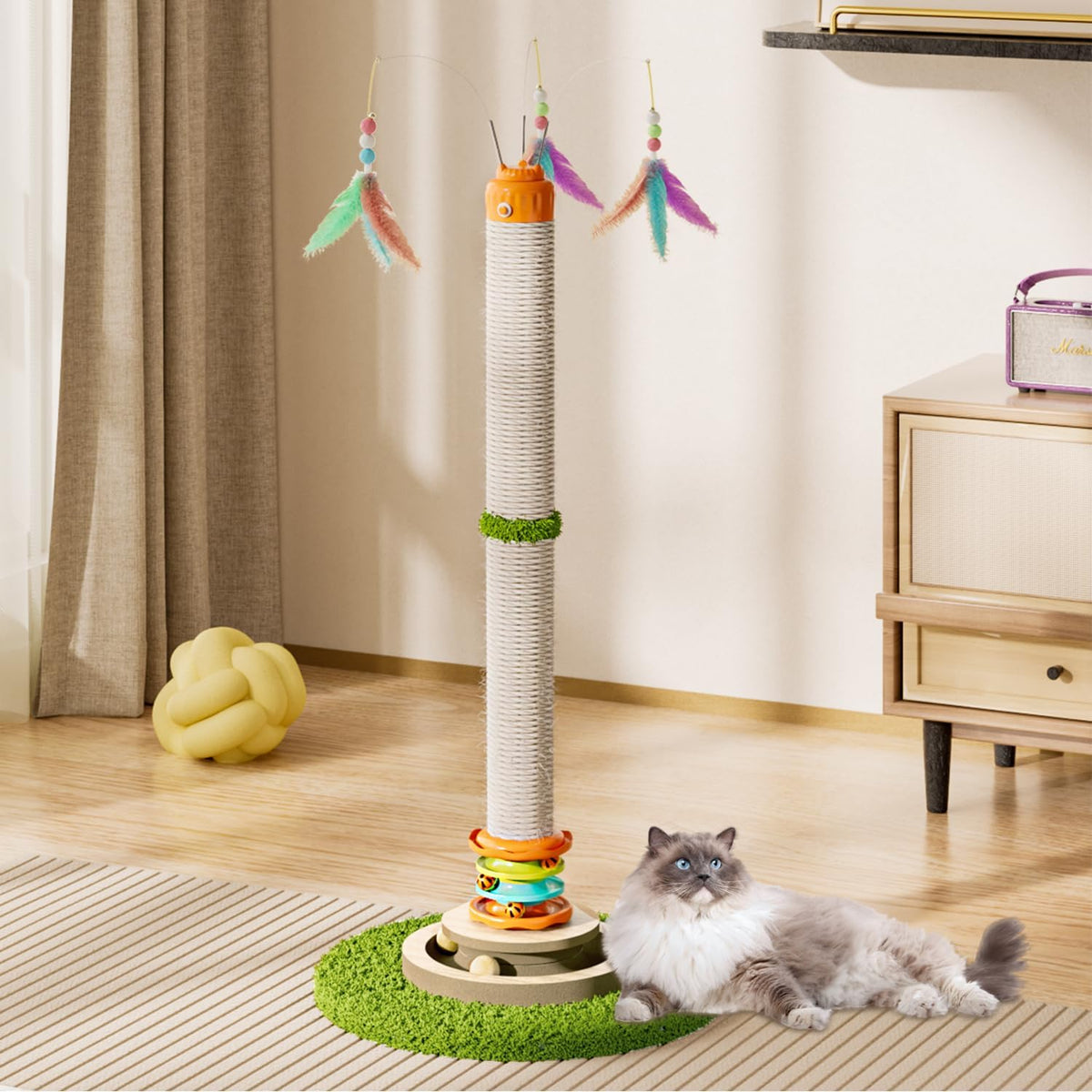 Tall Cat Scratching Post,40'' Cat Scratcher Tree Cat Toys for Indoor Cats with Cat Toys 4-Tier Roller Track,Automatically Rotating Cat Teaser Wand,Hanging Balls for Kittens Adults Cats