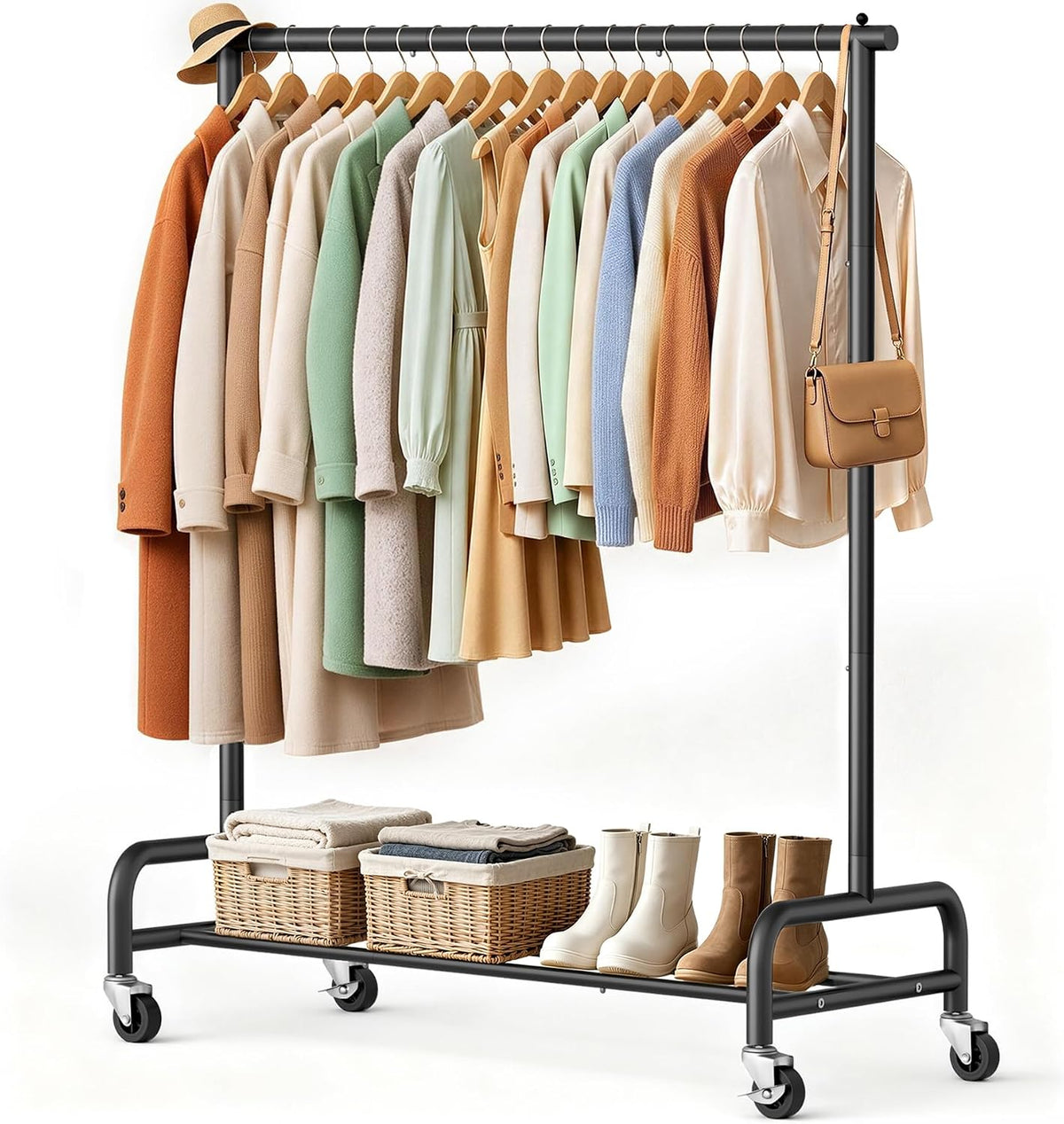 SLEEPING LAMB Heavy Duty Clothing Racks for Hanging Clothes Rack, 43" Wide Rolling Garment Rack Metal Clothing Hanger Rack with Wheels Wardrobe Rack for Coats, Shirts, Dress, (Black)