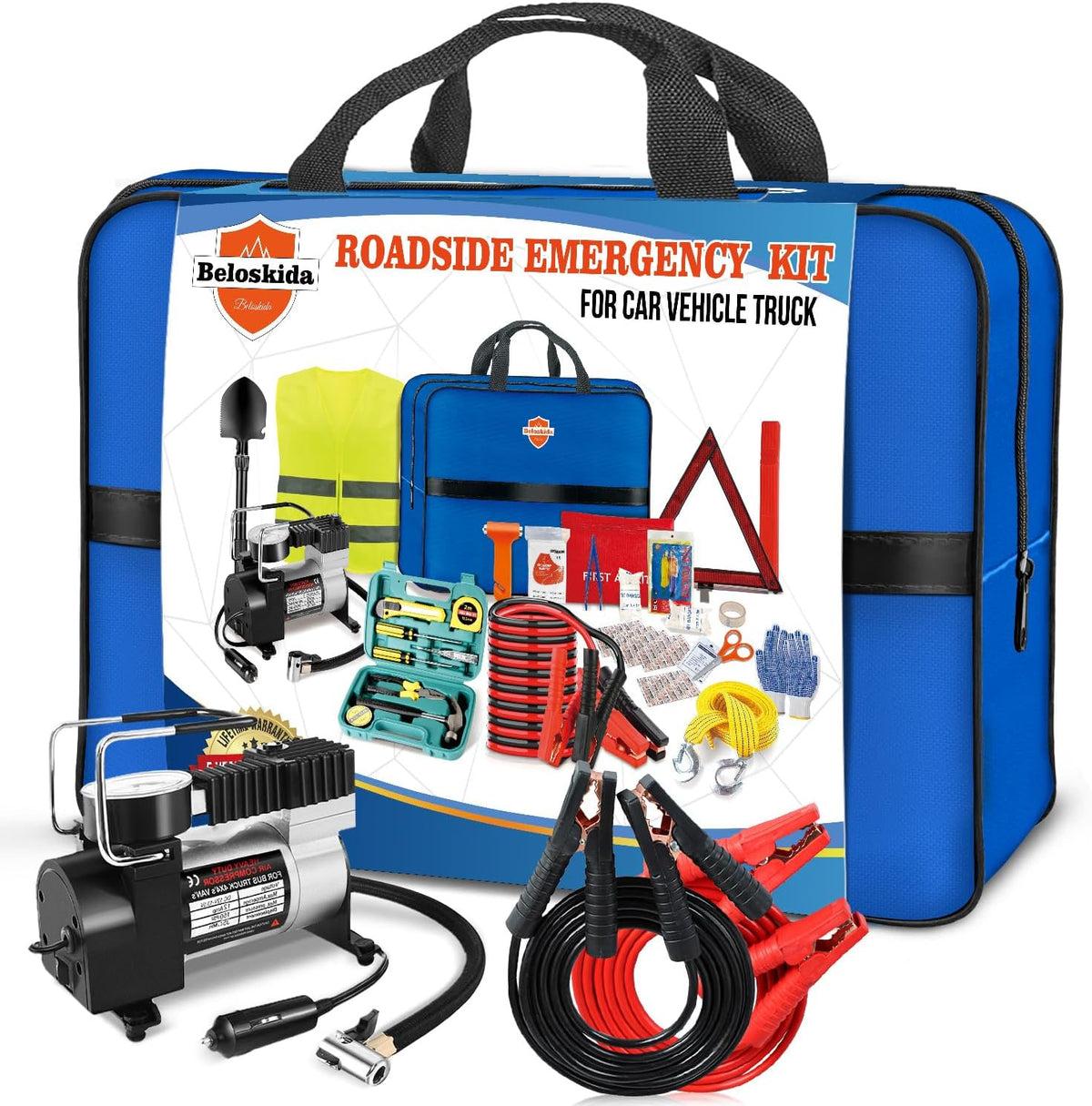 Emergency Car Kit,Roadside Emergency Tool Kit for Vehicle Truck with Air Compressor Jumper Cable First Aid Kit,Winter Auto Road Side Kit Women Men Car Travel Safety Assistance Survival Essentials Kit
