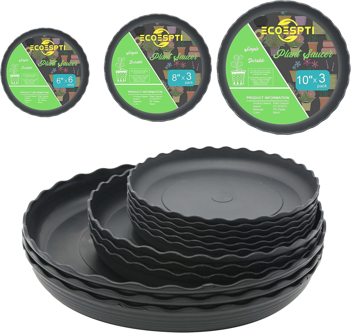 12Pcs Plant Saucer, 6 8 10 Inch Durable Plastic Plant Tray, Black round Plant Pot Saucers, Drip Tray for Indoor and Outdoor Garden
