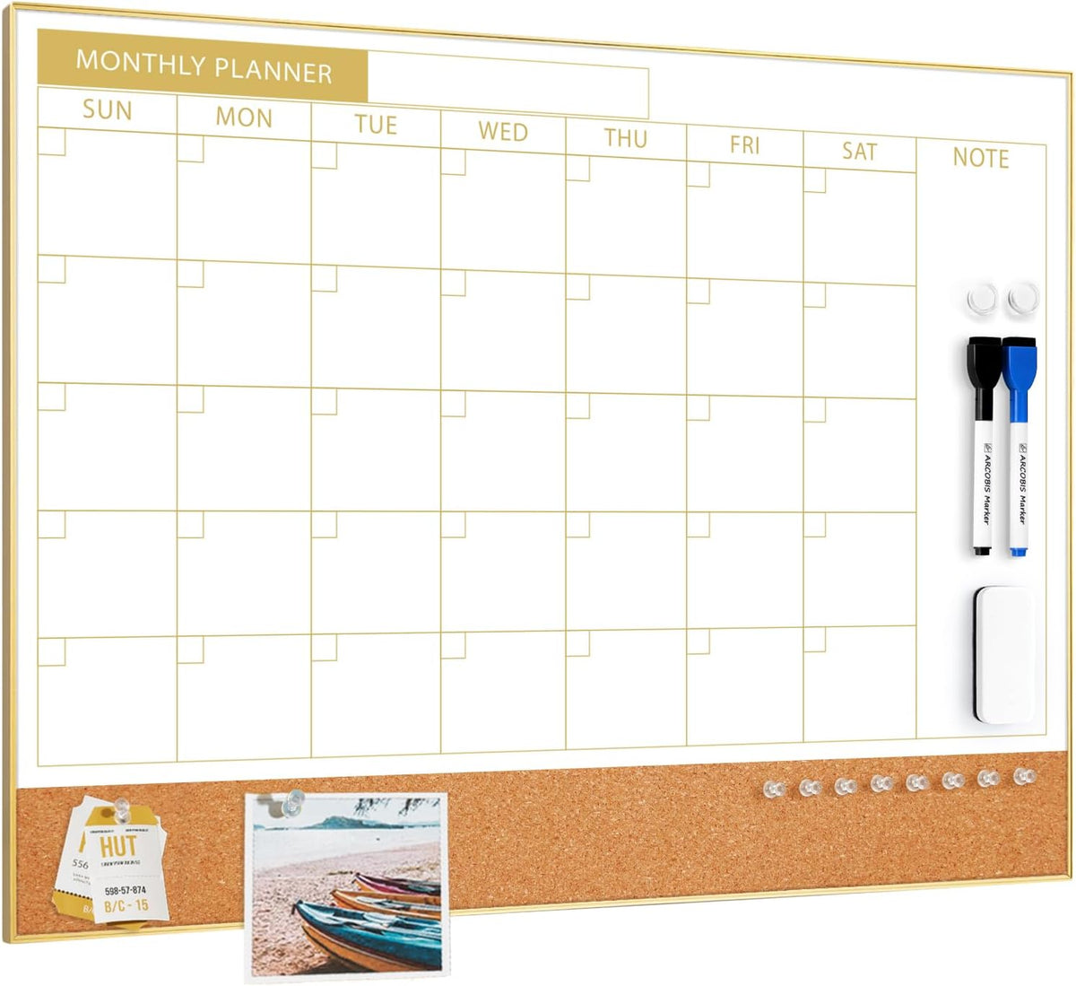 ARCOBIS Dry Erase Calendar Whiteboard Cork Board Combo