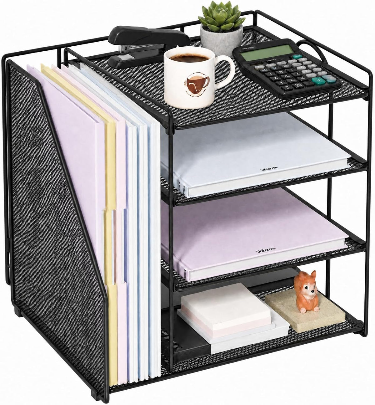 Desk Organizer, 4-Tier Metal File Organizer for Desk with Vertical File Holder, Office Accessories and Desktop Storage for Office Supplies (Black)