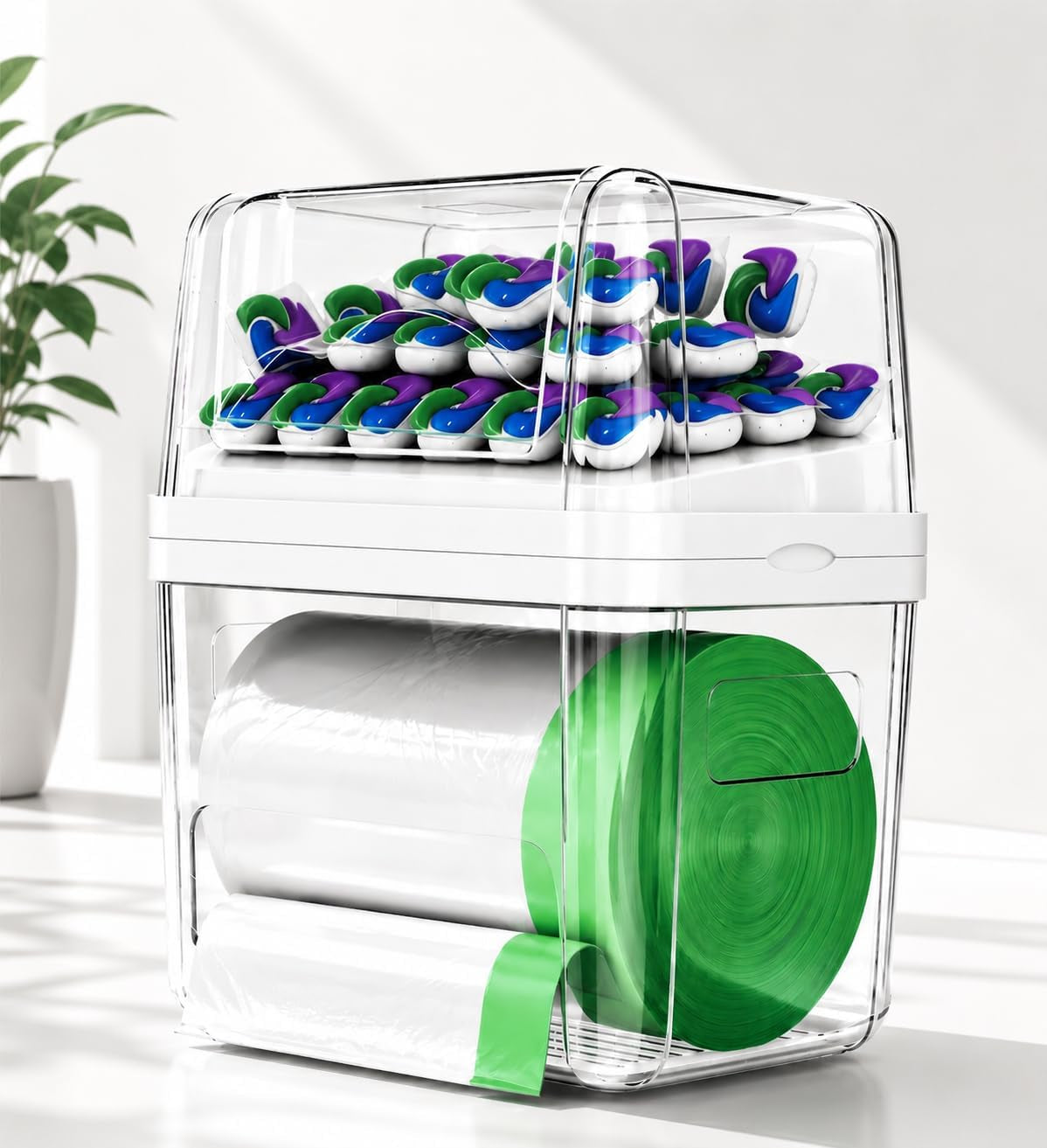 Trash Bag Dispenser Dishwasher Pods Organizer, 3-In-1 Clear Acrylic Garbage Bag Holder under Sink Organizer, Laundry Pods Container Kitchen Pantry Laundry Room