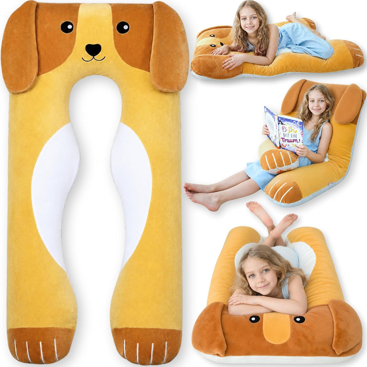 LUNAMIRA Dog Kids Body Pillow - 47" U-Shape Long Plush Soft Animal Pillow for Sleeping, Reading, ADHD & Special Needs Comfort, Anxiety, Washable Cover, Snuggle Fun Cuddle Pillow for Boys & Girls