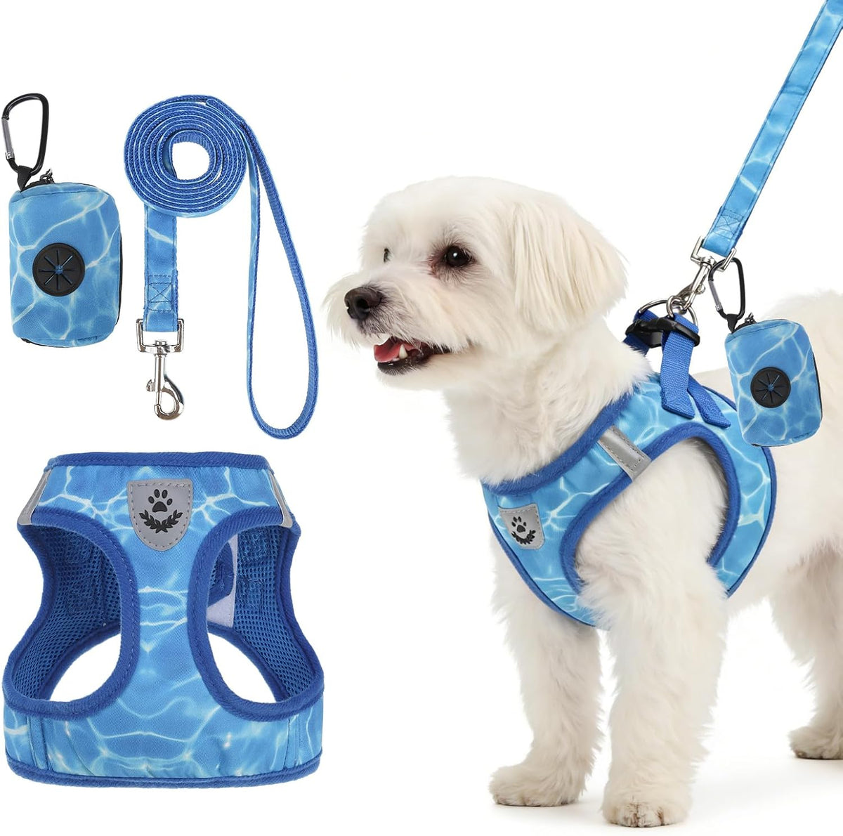 Dog Harness and Leash Set for Summer, Step in No Pull Soft Pet Harness,Adjustable Puppy Vest for Medium Dogs,No Choke Harness Vest with Poop Bag Holder for Hot Weather Outdoor Hiking Beach,Blue M