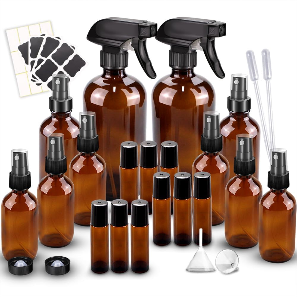 Loretoy Glass Spray Bottle Kit×10 (2×16Oz, 2×4Oz, 6×2Oz), 9×10Ml Roller Bottles, anti UV, Multi Size and Versatile, Suitable for Aromatherapy, Facial Moisturizing, Watering, Etc.(Amber)