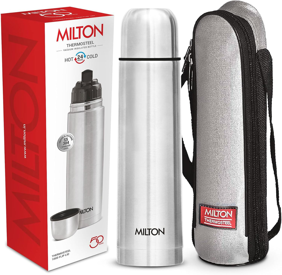 Milton Flask 34 Oz Insulated Water Bottle with Cover, Flip Lid, Thermosteel