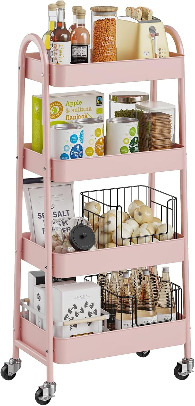 OLIXIS Metal 4 Tiers Rolling Storage Utility Cart with Lockable Wheels
