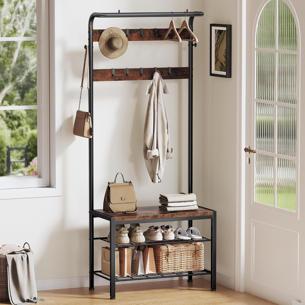 DUMOS 5-In-1 Hall Tree with Coat Rack and Shoe Bench, Industrial Entryway Storage Organizer with Top Hanging Rod, 10 Movable Hooks & Side Hooks, Mudroom Bench with 2-Tier Shoe Rack, Brown