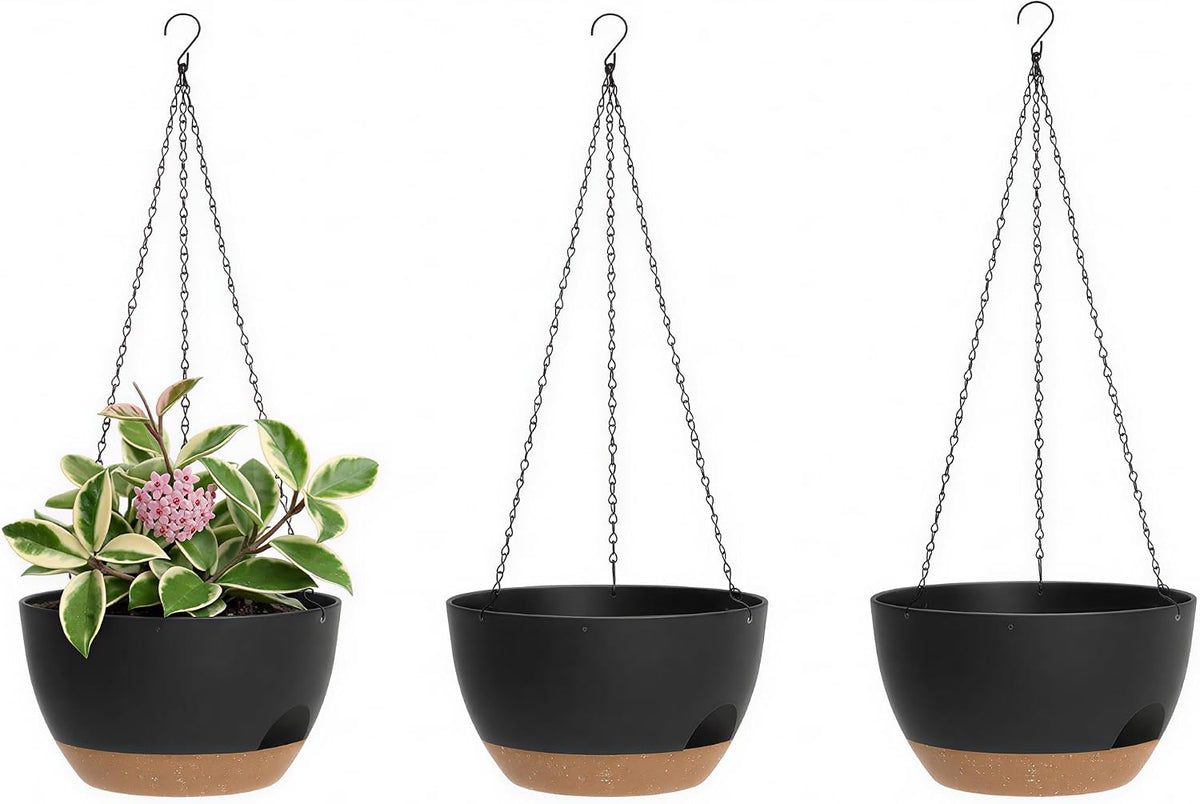 Hanging Planters 3-Pack, 8 Inch Self-Watering Hanging Pots with Drainage Hole and Chains, Plastic Planters for Indoor Outdoor(Black Brown)