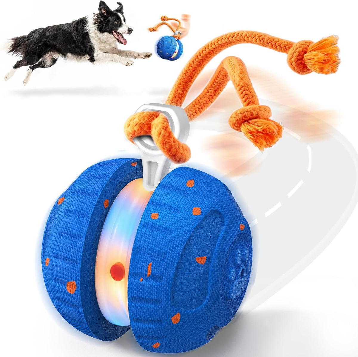 Pamlulu Interactive Dog Ball with Rope, Moving Dog Toy with LED Lights