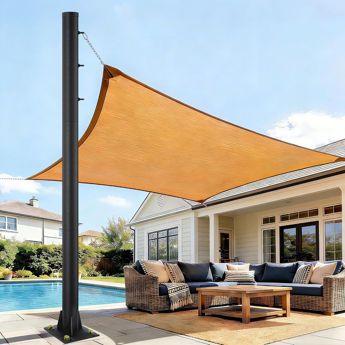 10Ft Sun Shade Pole, 3" Diameter Heavy Duty Metal, Black Shade Sail Pole with 3 Rings for Patio, Deck, Playground, Backyard & Playground, One Pole