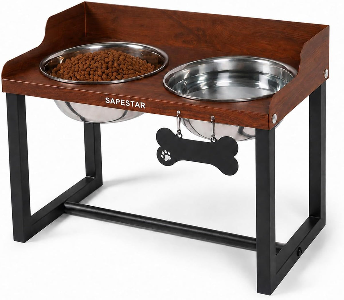 Mess Proof Elevated Dog Bowls for Medium and Large Dogs - Non-Spill Design - 10'' Tall Raised Dog Food Bowl Stand with Two 58Oz Stainless Steel Bowls. Brown