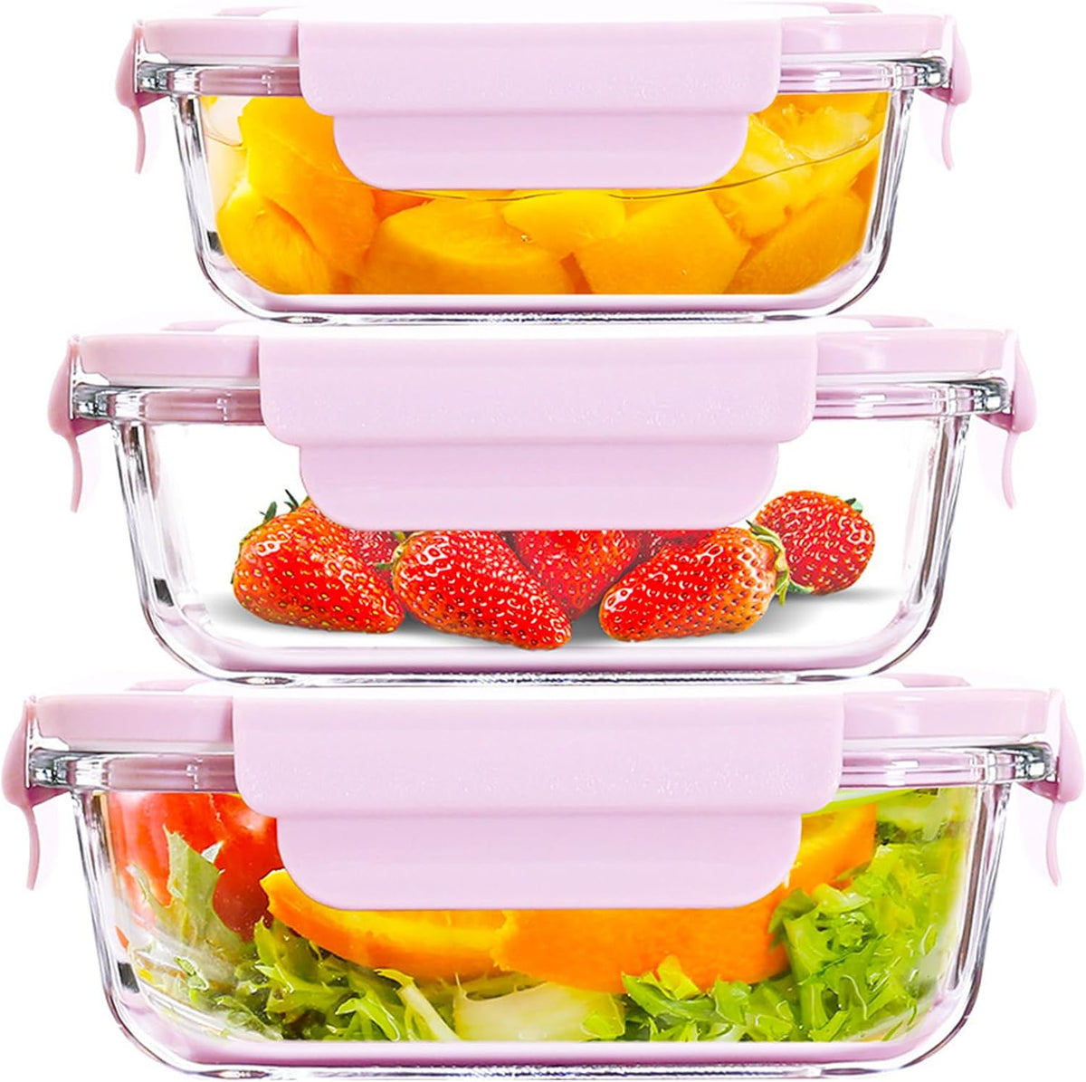6 Pieces Rectangle Glass Food Storage Containers with Lids, Meal Prep Containers for Food Storage, BPA Free & Leak Proof (3 Lids & 3 Containers) 13.9Oz, 24Oz, 35Oz (Pink)