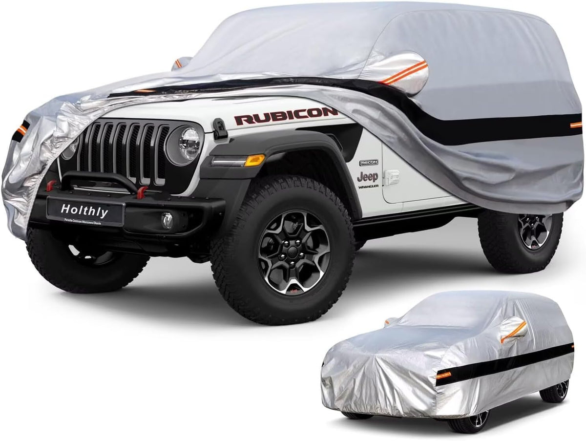 10 Layers Car Cover Custom Fit for Jeep Wrangler 2Door 2Dr, Waterproof All Weather for Automobiles, Outdoor Full Cover Sun Dust Rain Protection with Cotton. Silver