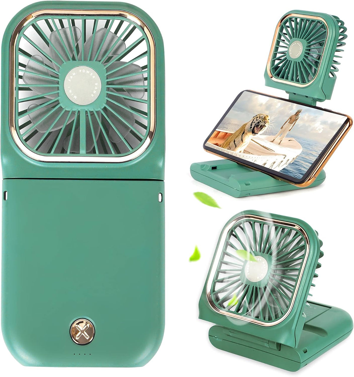 Portable Mini Fan - 5 in 1 with Phone Holder, Desk Fan, USB Rechargeable, 3000 Mah Power Bank, 3 Speed Adjustable, Neck Lanyard, Green