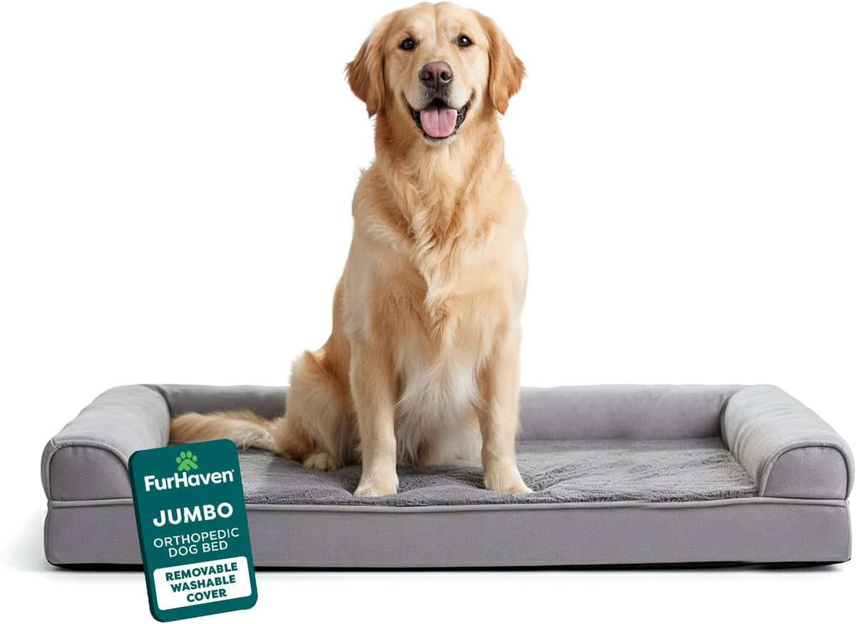Furhaven Orthopedic Dog Bed for Large Dogs W/ Removable Bolsters & Washable Cover, for Dogs up to 95 Lbs - Plush & Suede Sofa - Gray, Jumbo/Xl