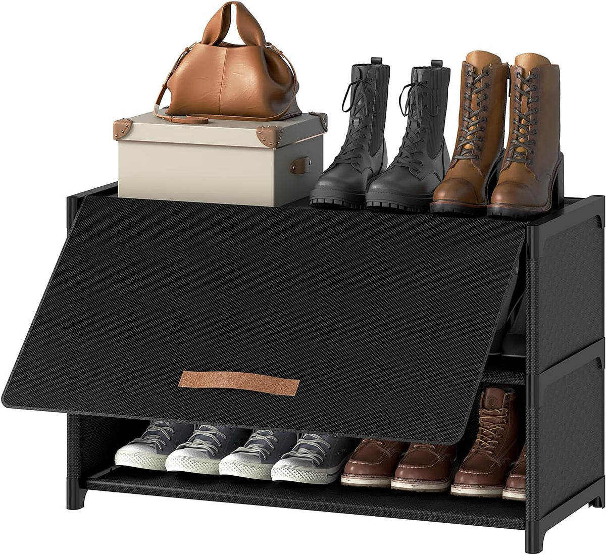 3 Tier Shoe Cabinet with Door, 12-Pair Storage, Black