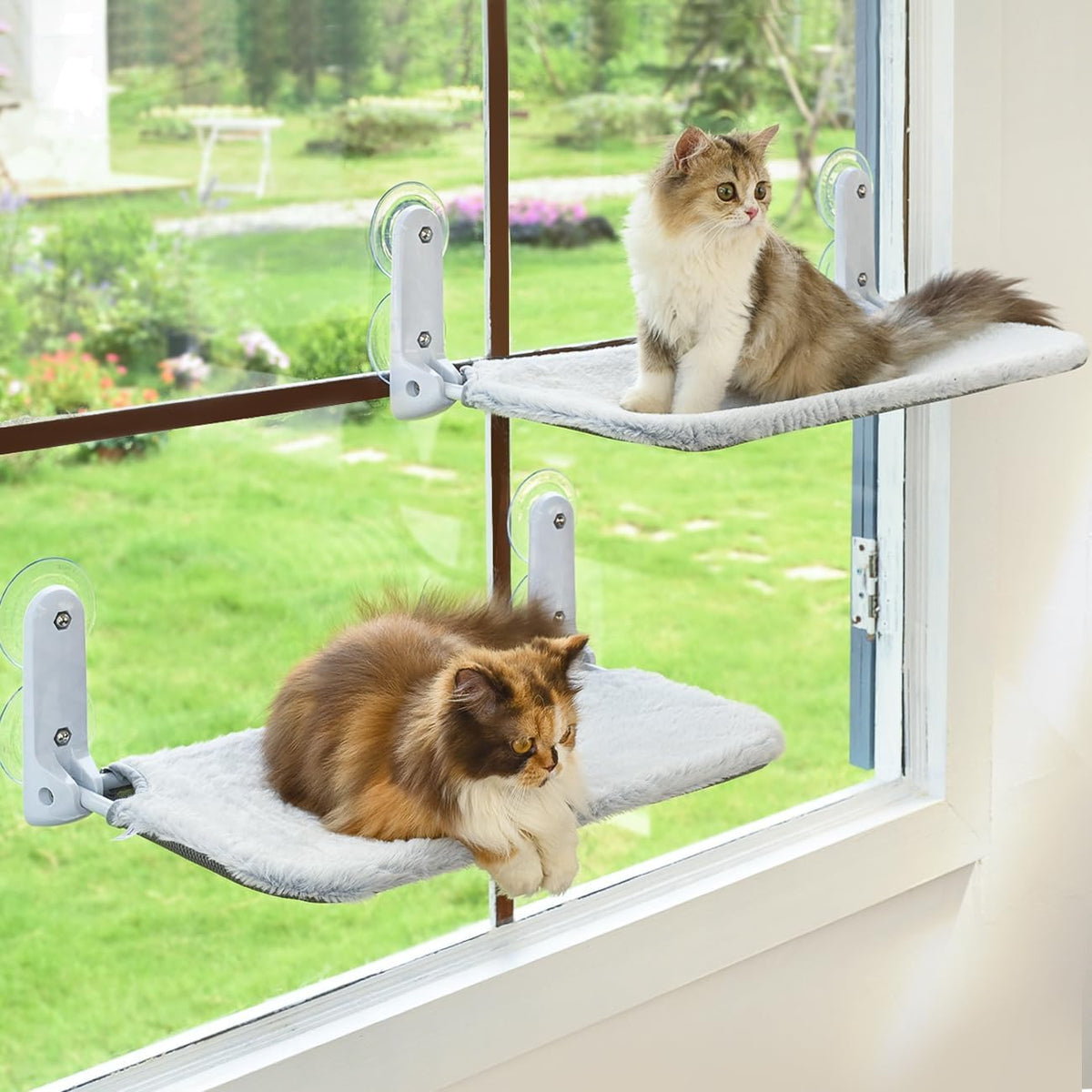 2PC Cat Window Perch, Foldable & Cordless with Metal Frame, M Gray