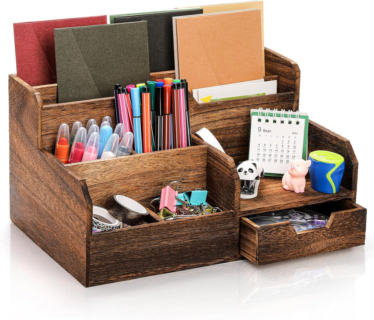 Brown Wooden Desk Organizer, Mail Organizer with 7 Compartments and Drawer, Rustic Mail Sorter with Pen Holder, Tabletop Mail Basket, Office Accessories Holder for File Letter Document