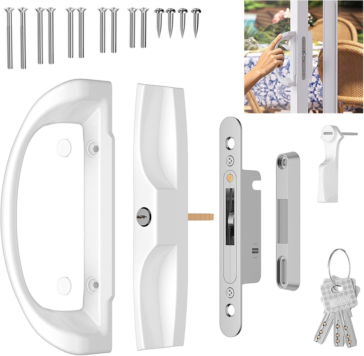 Sliding Glass Door Handle Set,3-15/16" Screw Hole Spacing, Fits Door Thickness 1-3/8" to 2-1/4",Reversible Patio Door Handle Set with Keyed Cylinder & Mortise Lock,Centered Latch, White