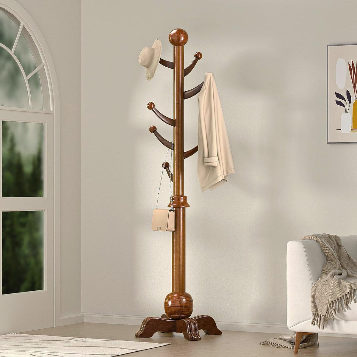 Wooden Coat Rack, 7 Hooks Freestanding Wood Coat Tree Rack with Stable Base