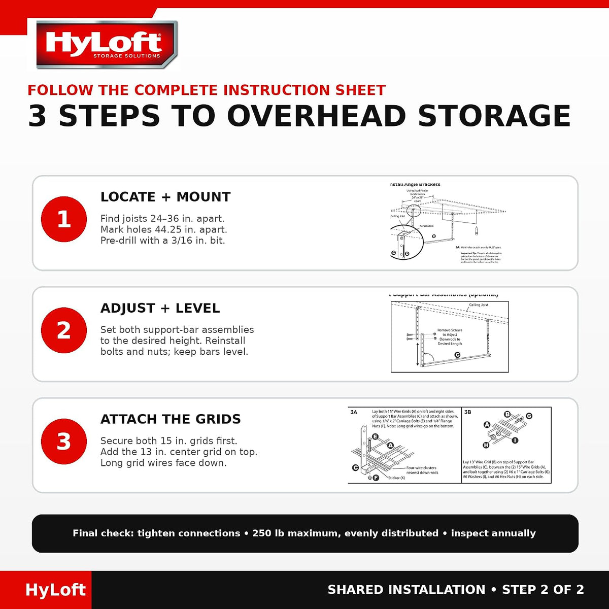 Hyloft Overhead Steel Garage Storage System, Ceiling Rack, 45-Inch X 45-Inch, 00625, Hammertone