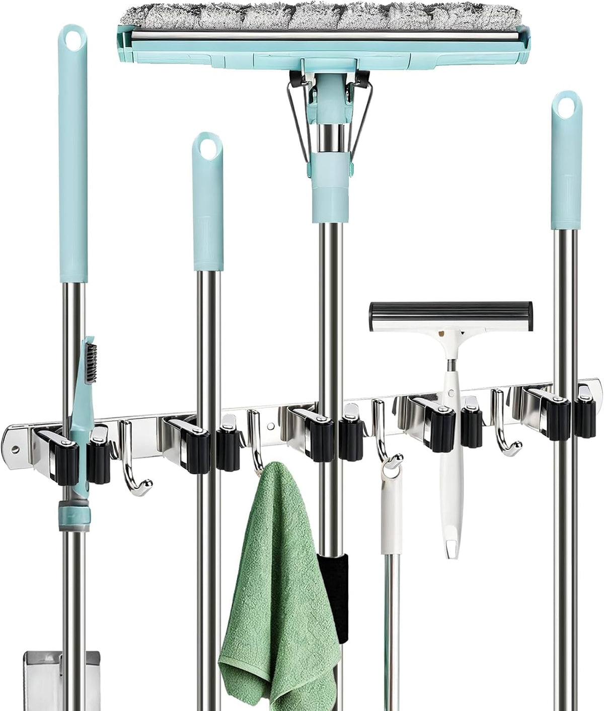 Mop and Broom Holder Wall Mount, Broom Organizer, 5 Racks, 4 Hooks