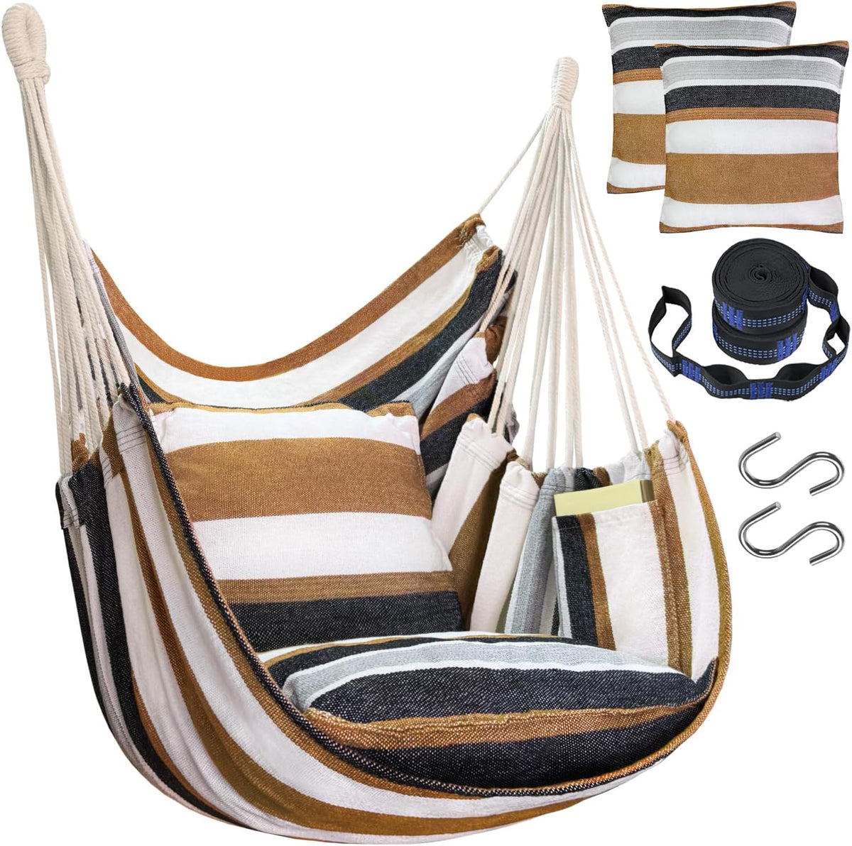 Halalona Hammock Chair Hanging Hammock Chair Rope Swing 2 Cushions Included-Sturdy & Durable Soft Cotton Hand Woven Hammock Swing for Bedroom, Porch, Patio-Indoor/Outdoor