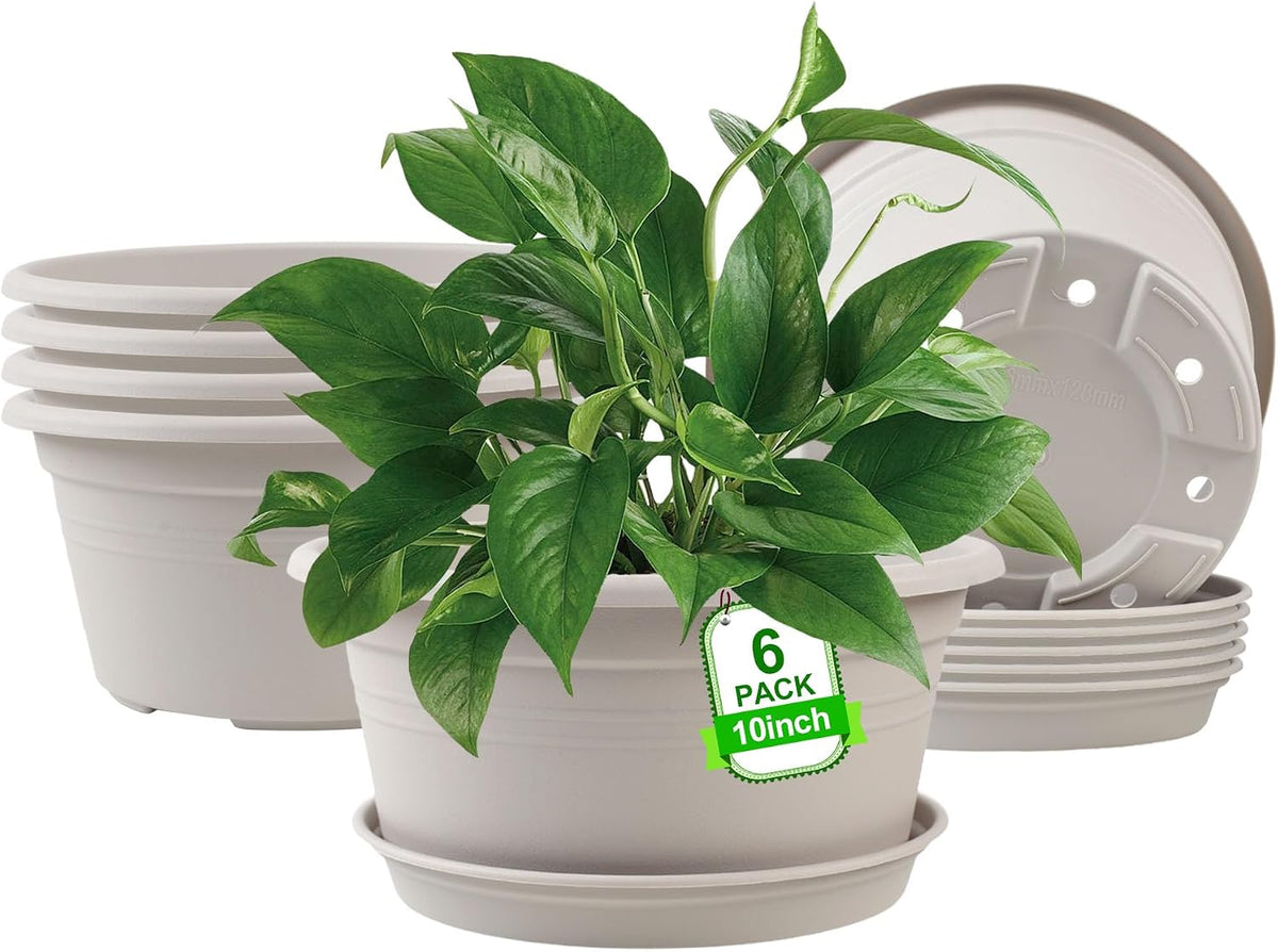 6 Pack 10 Inch Plant Pot, Shallow Planters with Drainage Holes, Gray White