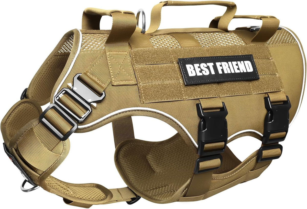Air Mesh Tactical Dog Harness with Metal Buckles&Molle,Brown Large
