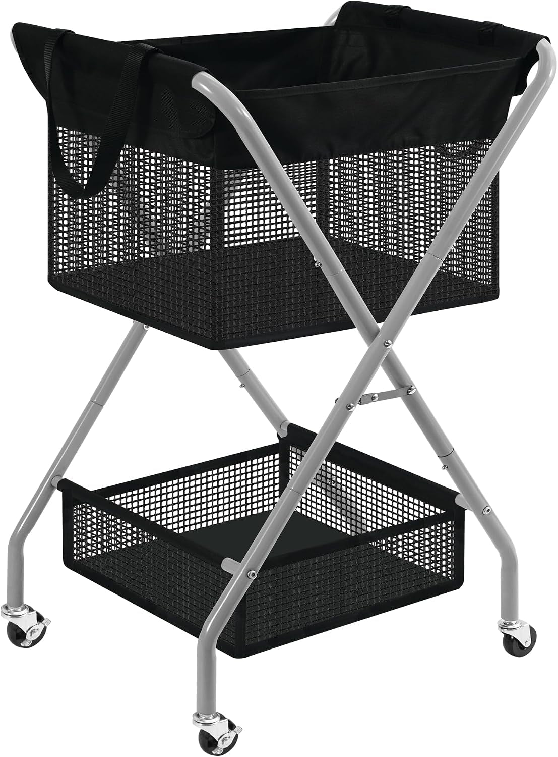 STO STO 2-Tier Foldable Laundry Cart with Wheels, 75L Tall Rolling Laundry Hamper, Collapsible Laundry Basket with Removable Bag, Rust-Resistant Steel Frame for Laundry Room, Bathroom, Dorm, Black