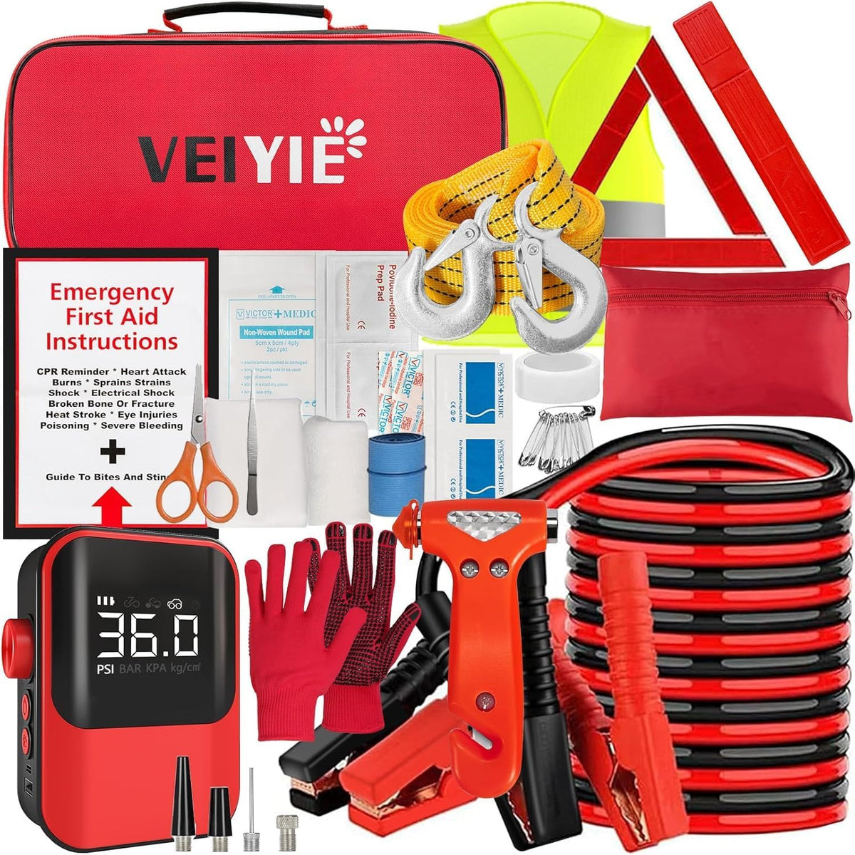 Roadside Emergency Car Kit for Vehicles, Car First Aid Emergency Kit with Portable Air Compressor, Heavy Duty Jumper Cables, Tow Strap, Road Trip Essentials Safety Kit, New Driver Gifts