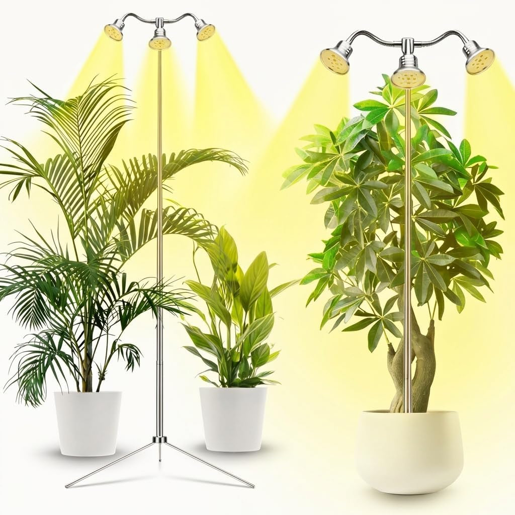 Full Spectrum Grow Lights for Indoor Plants 15-62 Inches Height Adjustable Aluminum Alloy Plant Growing Lamps with Detachable Tripod Stand, Auto On/Off Timer (Full Spectrum, Three Heads)