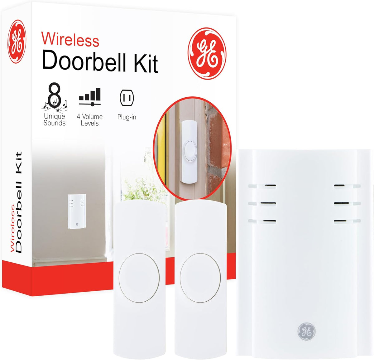 GE Wireless Doorbell Kit, Plug-In Receiver, 2 Push Buttons, 8 Melodies