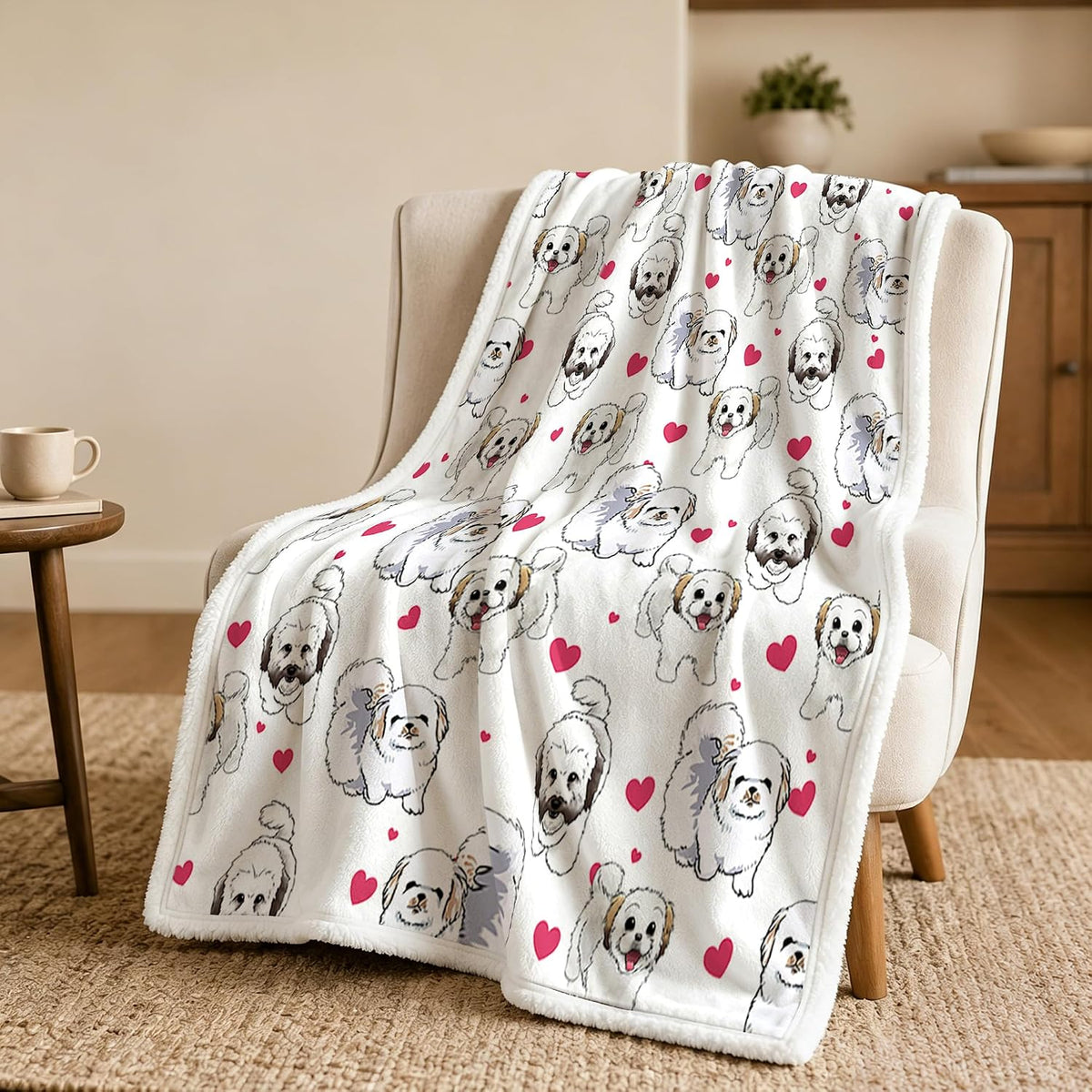 Blessliving Shih Tzu White Throw Blanket with Dense Dog Patterns